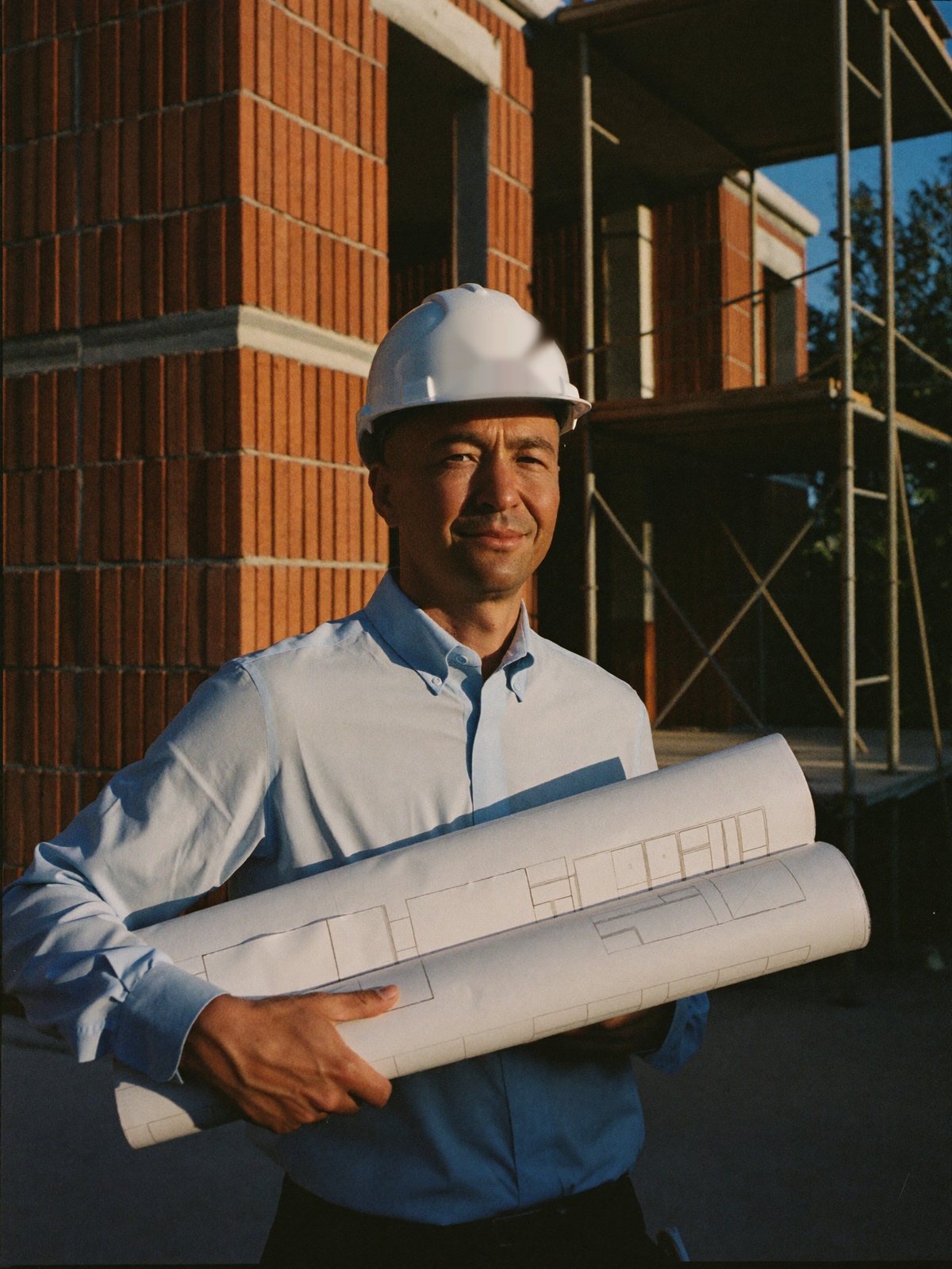Arquitecto en obra con planos